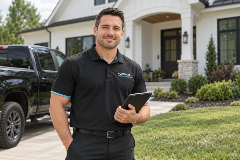 Person in a Northcrest Pest Management polo holding a tablet outside a house, with a black pickup truck beside them